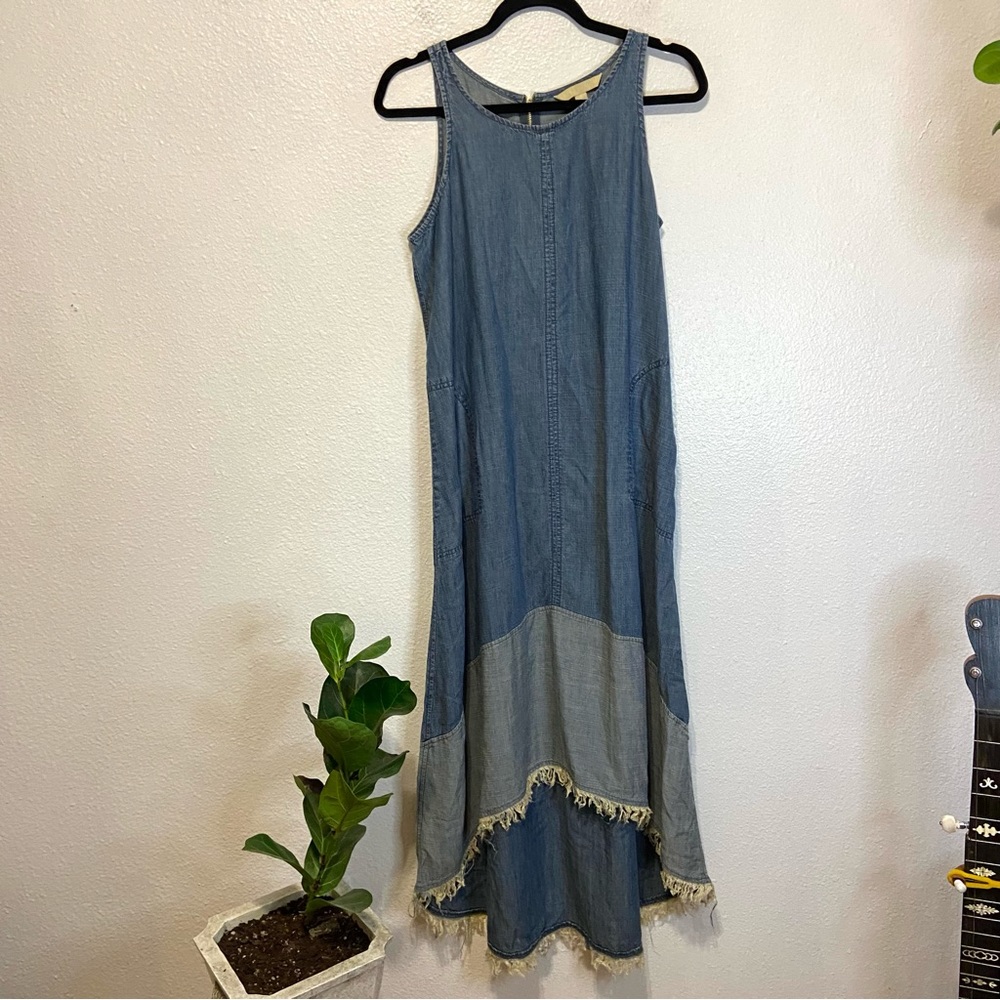 Denim Blue Sleeveless Maxi Dress with Fringe Hem